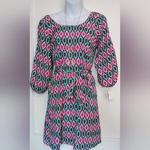 Geometric Patterned Dress in Pink and Green